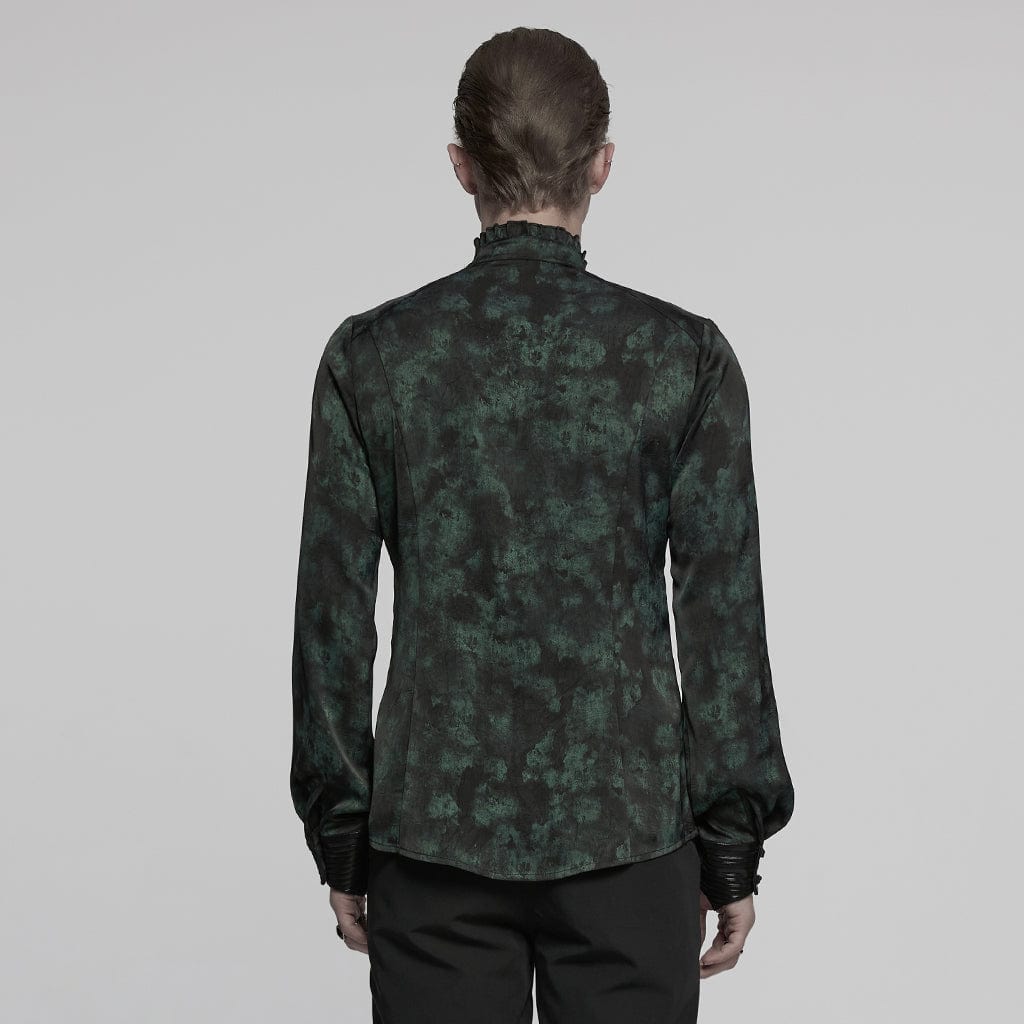 PUNK RAVE Men's Gothic Ruffled Stand Collar Pleated Shirt Green