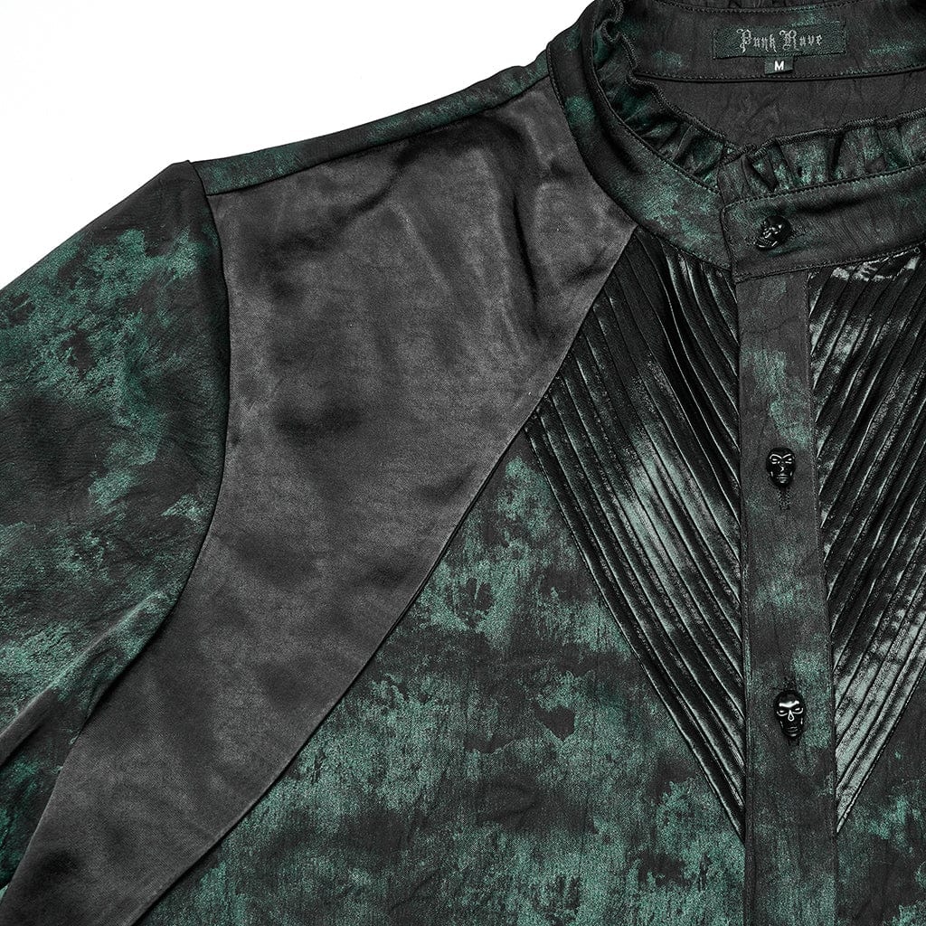 PUNK RAVE Men's Gothic Ruffled Stand Collar Pleated Shirt Green