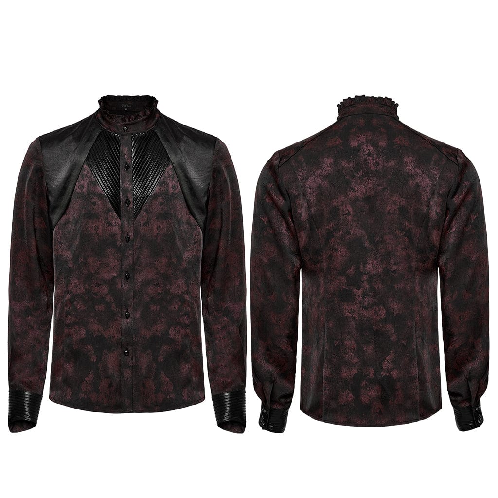 PUNK RAVE Men's Gothic Ruffled Stand Collar Pleated Shirt Red