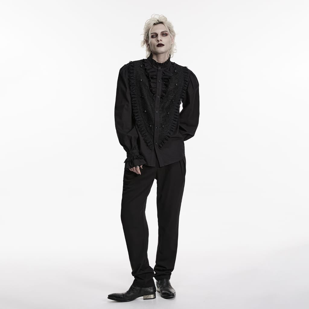 PUNK RAVE Men's Gothic Ruffled Stand Collar Puff Long Sleeved Shirt
