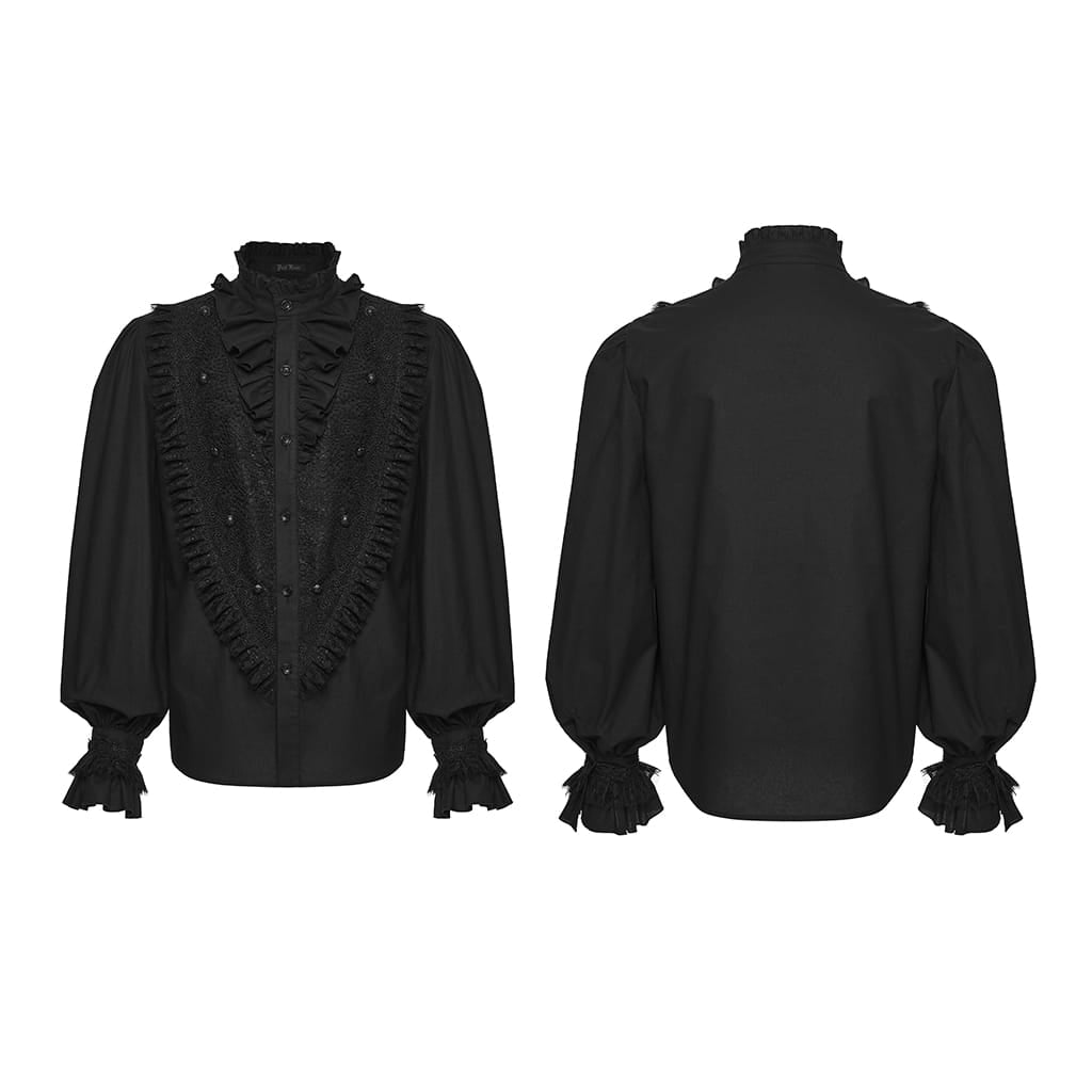 PUNK RAVE Men's Gothic Ruffled Stand Collar Puff Long Sleeved Shirt