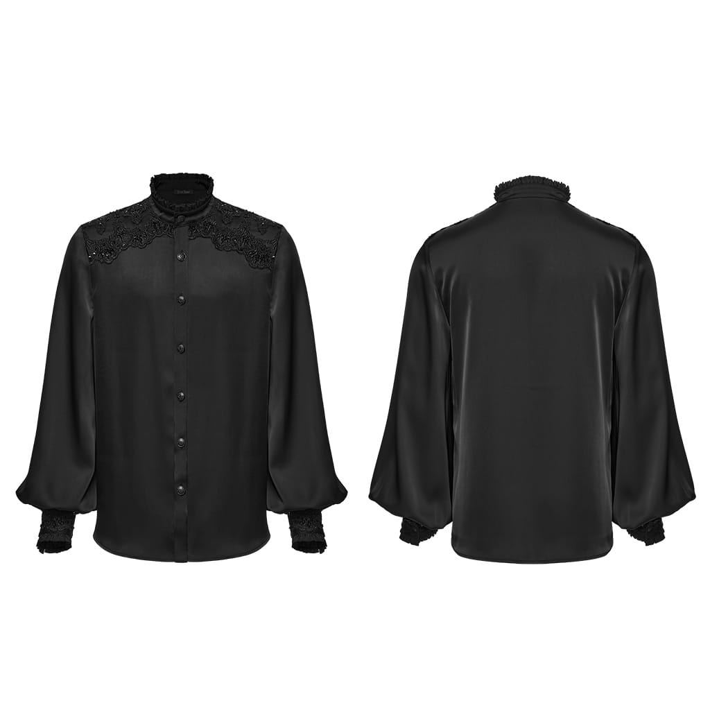 PUNK RAVE Men's Gothic Sequin Beaded Lace Applique Lantern Sleeve Shirt