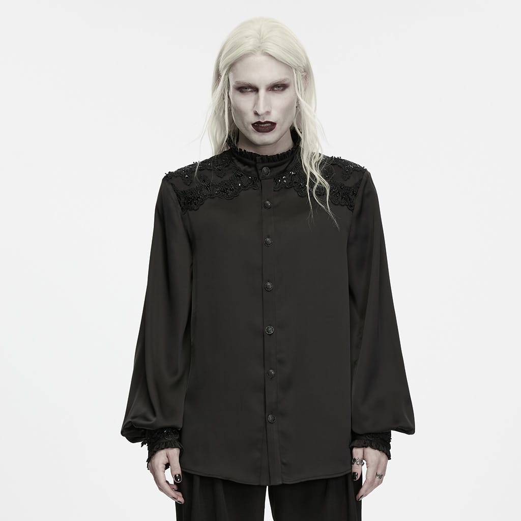 PUNK RAVE Men's Gothic Sequin Beaded Lace Applique Lantern Sleeve Shirt