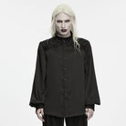 PUNK RAVE Men's Gothic Sequin Beaded Lace Applique Lantern Sleeve Shirt