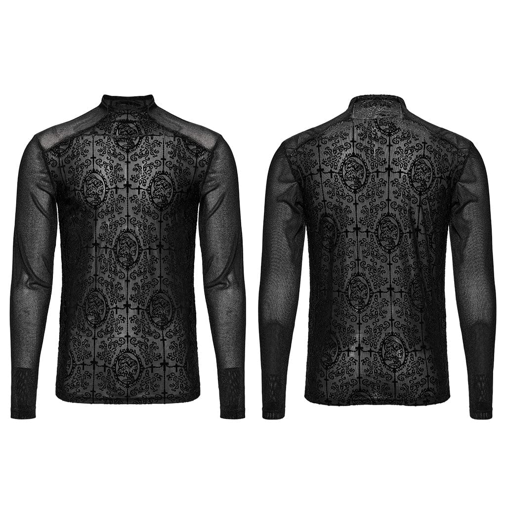 PUNK RAVE Men's Gothic Stand Collar Cross Flocking Shirt