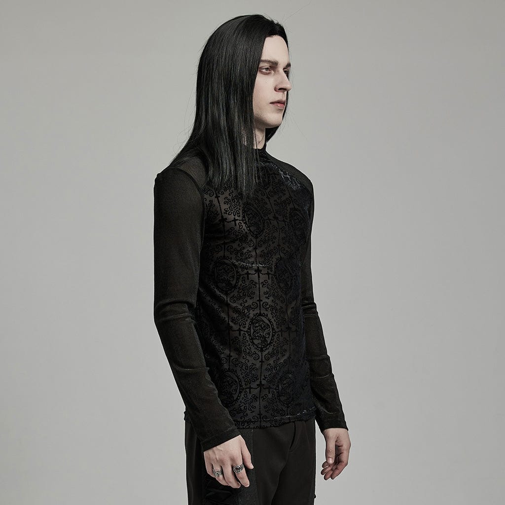 PUNK RAVE Men's Gothic Stand Collar Cross Flocking Shirt