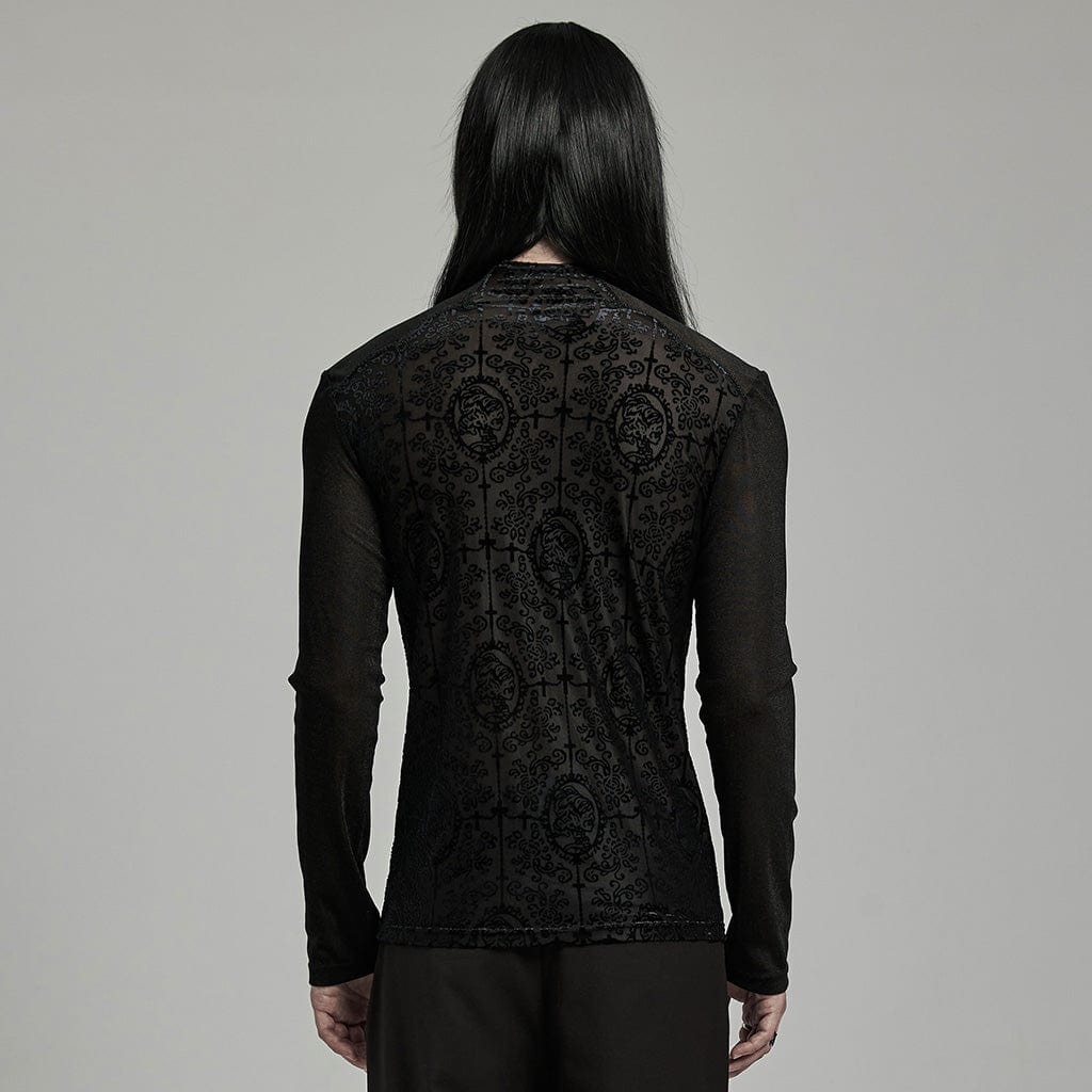PUNK RAVE Men's Gothic Stand Collar Cross Flocking Shirt