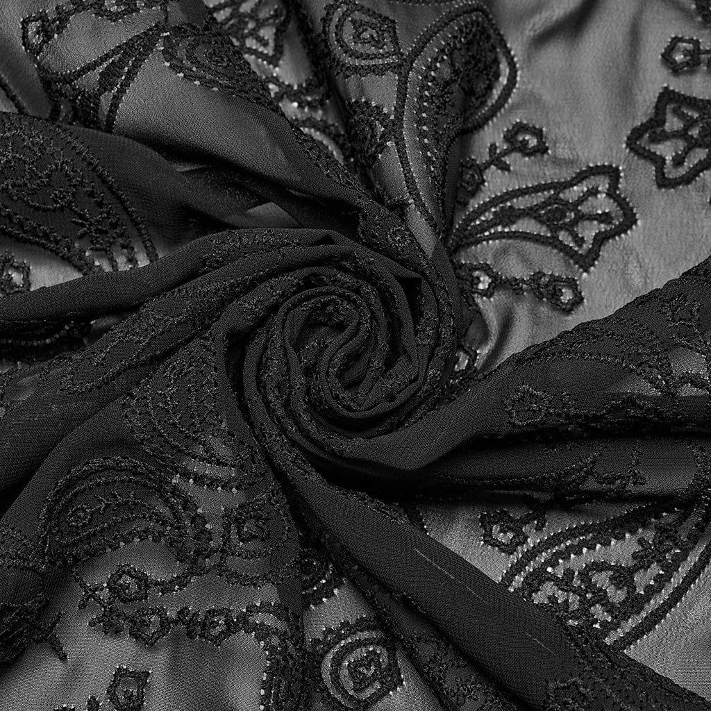 PUNK RAVE Men's Gothic Stand Collar Embroidered Sheer Chiffon Shirt Black