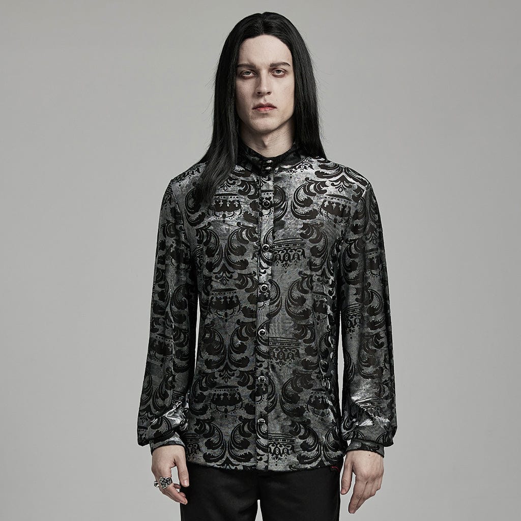 PUNK RAVE Men's Gothic Stand Collar Flocking Black Grey Shirt