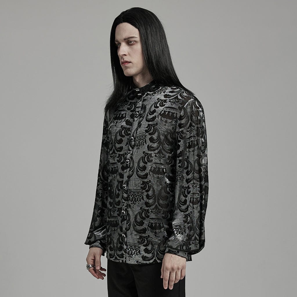 PUNK RAVE Men's Gothic Stand Collar Flocking Black Grey Shirt