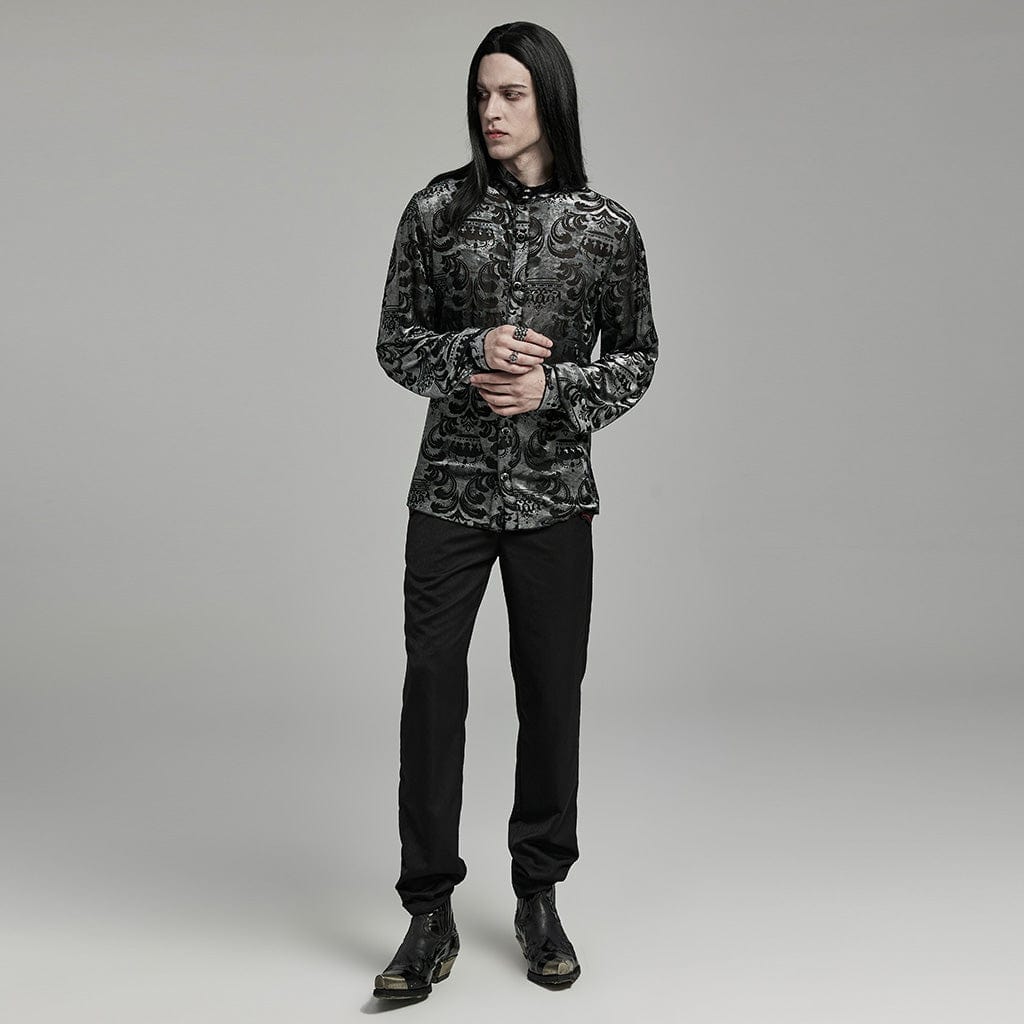 PUNK RAVE Men's Gothic Stand Collar Flocking Black Grey Shirt