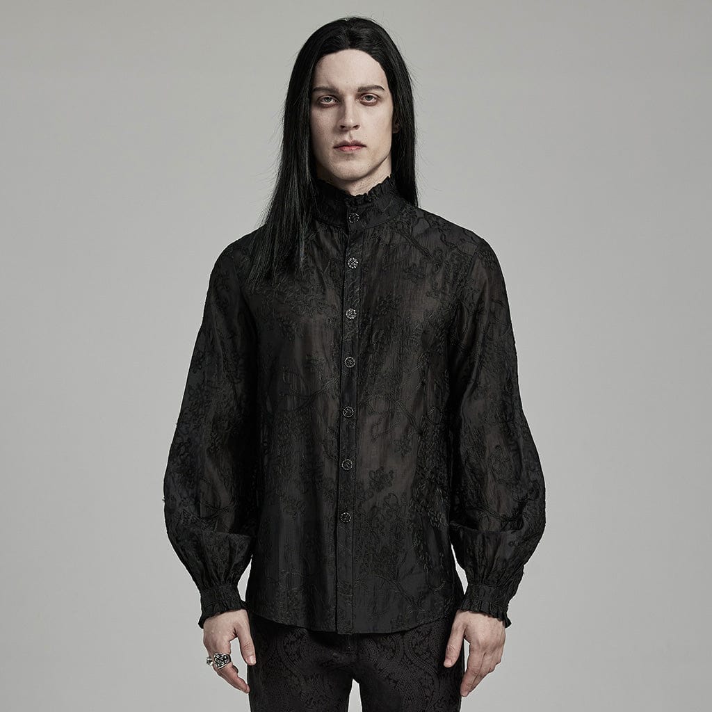 PUNK RAVE Men's Gothic Stand Collar Floral Embroidered Shirt