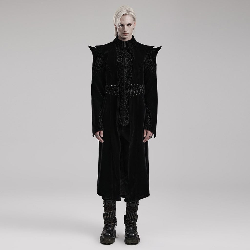 PUNK RAVE Men's Gothic Stand Collar Jacquard Velvet Mid-length Coat