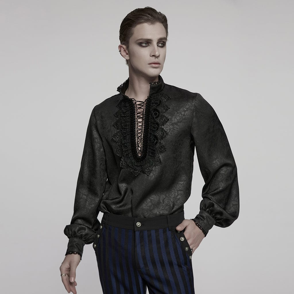 PUNK RAVE Men's Gothic Stand Collar Plunging Rose Shirt Black