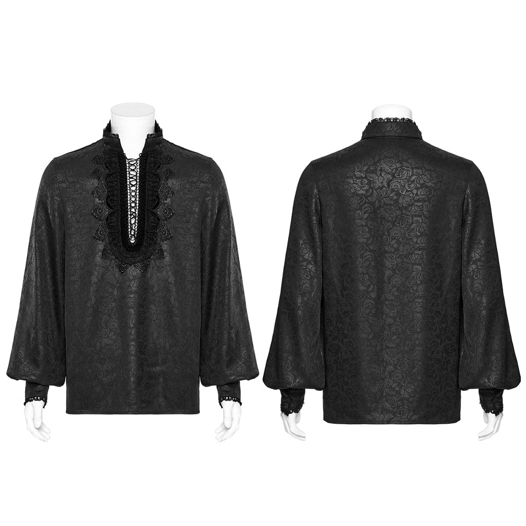 PUNK RAVE Men's Gothic Stand Collar Plunging Rose Shirt Black