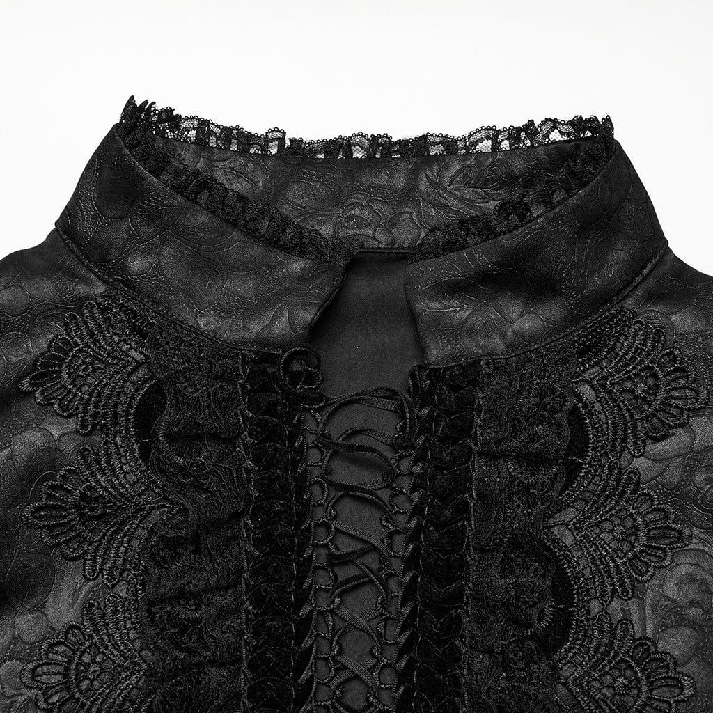 PUNK RAVE Men's Gothic Stand Collar Plunging Rose Shirt Black