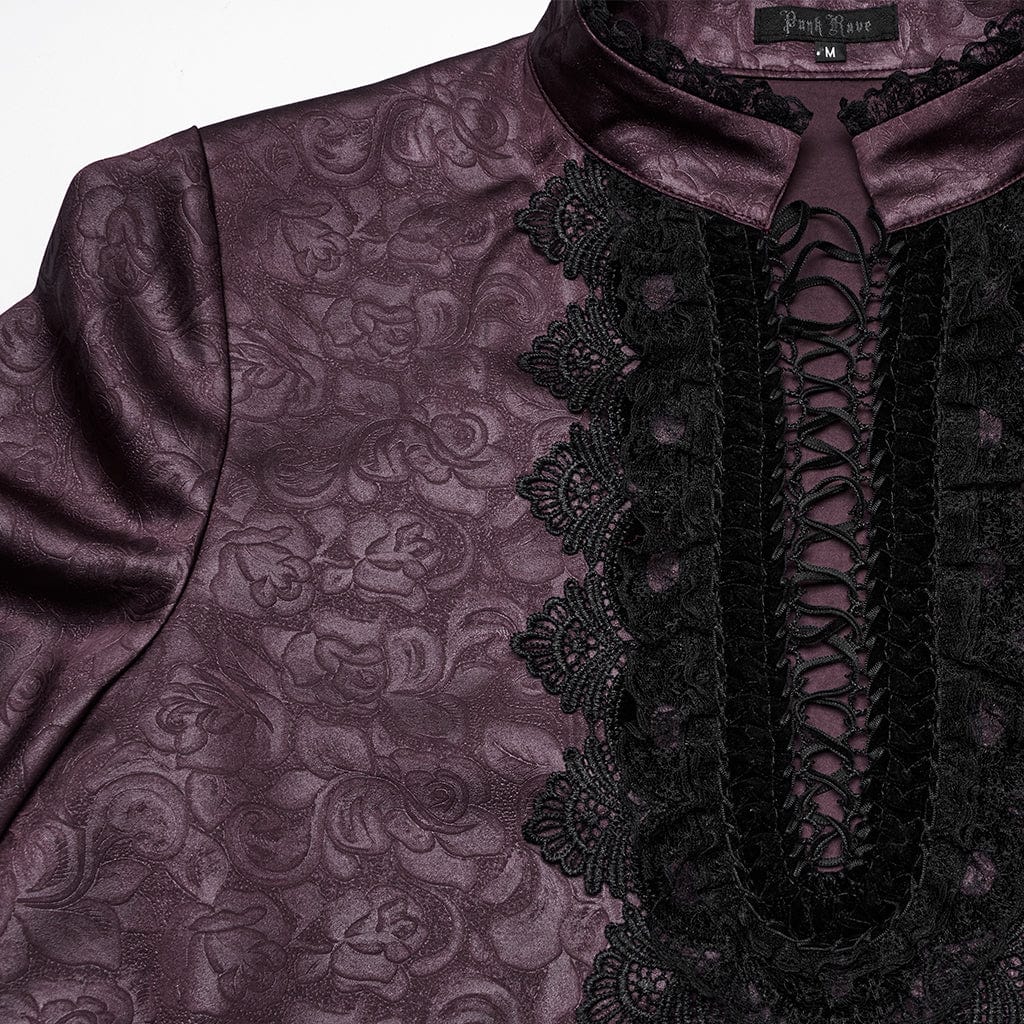PUNK RAVE Men's Gothic Stand Collar Plunging Rose Shirt Red