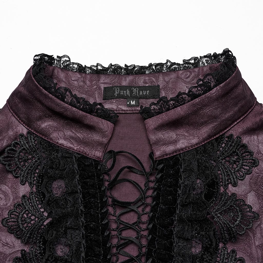 PUNK RAVE Men's Gothic Stand Collar Plunging Rose Shirt Red