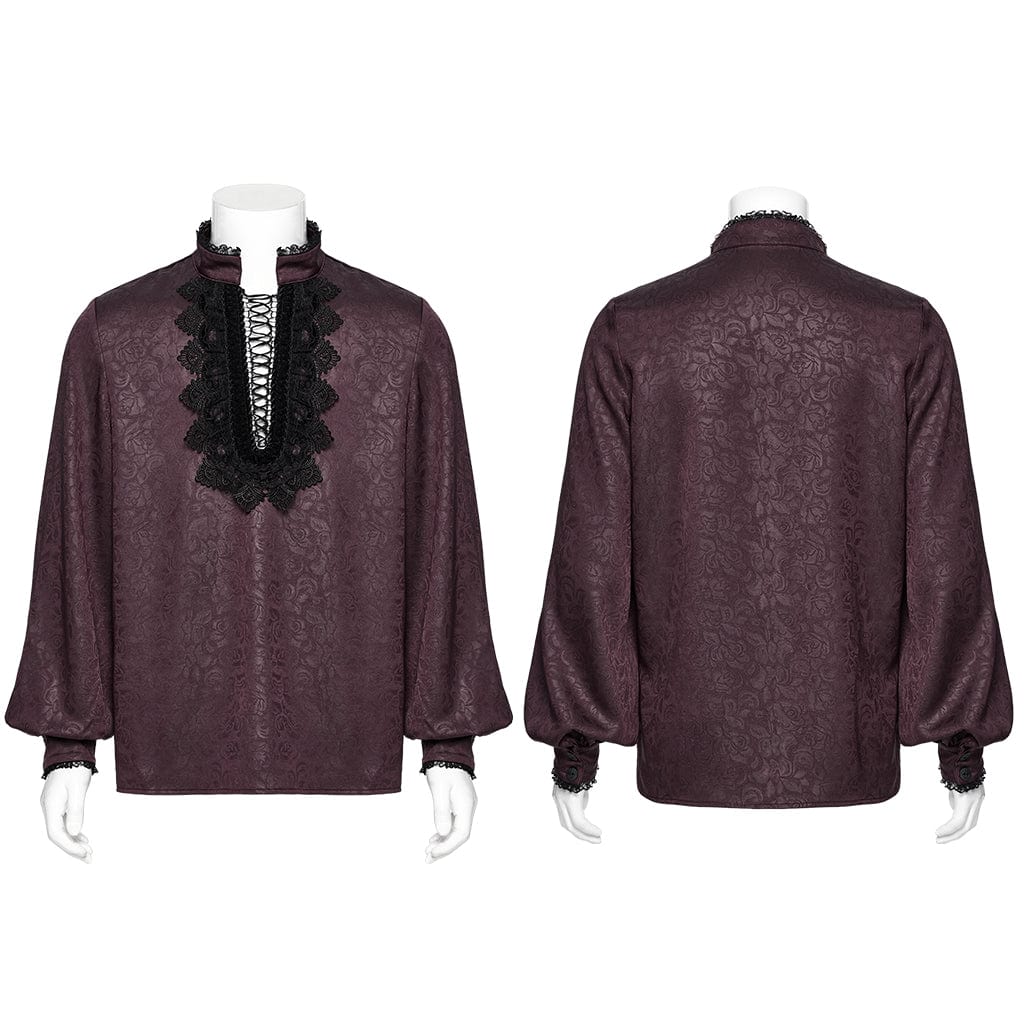 PUNK RAVE Men's Gothic Stand Collar Plunging Rose Shirt Red