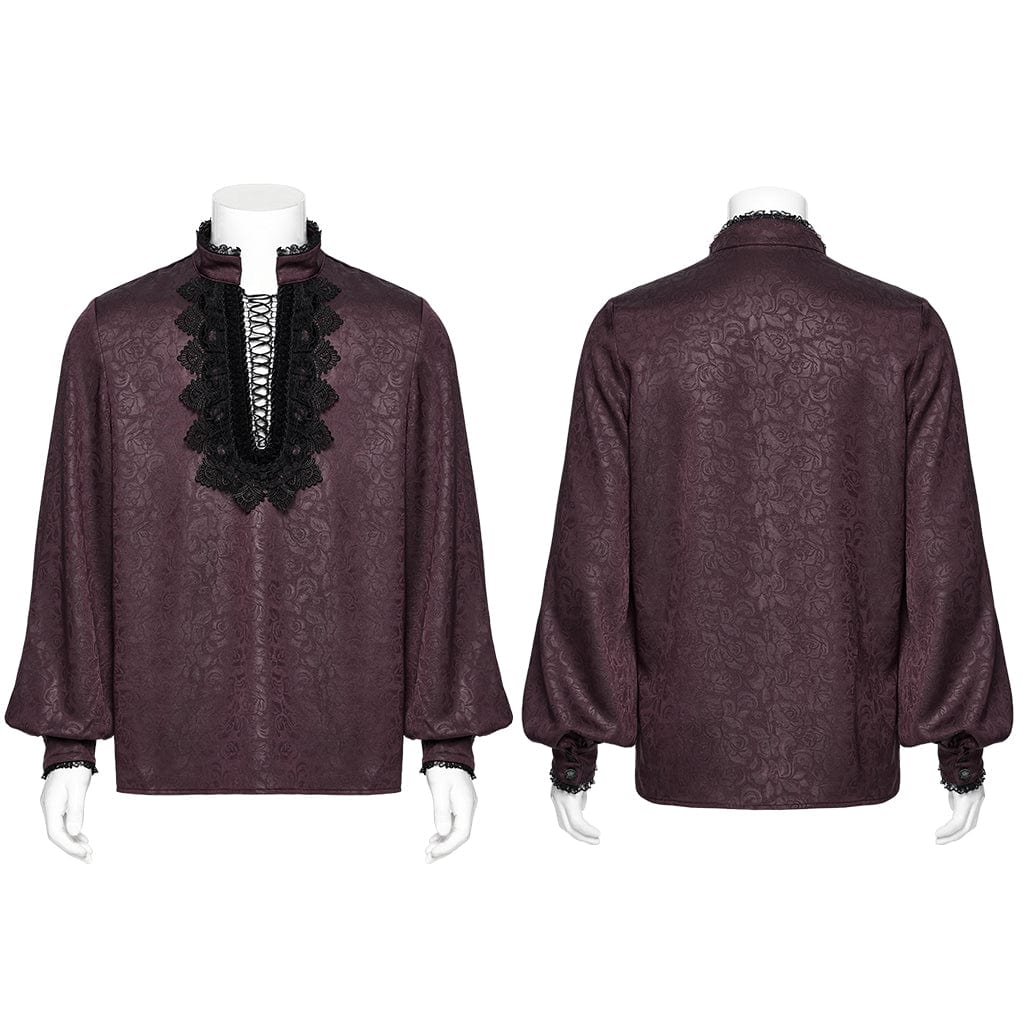 PUNK RAVE Men's Gothic Stand Collar Plunging Rose Shirt Red