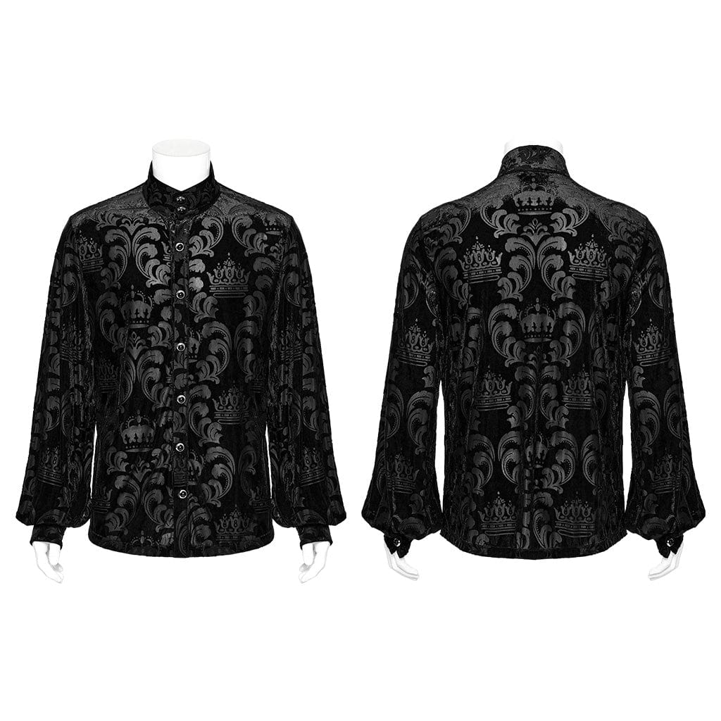 PUNK RAVE Men's Gothic Stand Collar Puff Sleeved Flocking Shirt