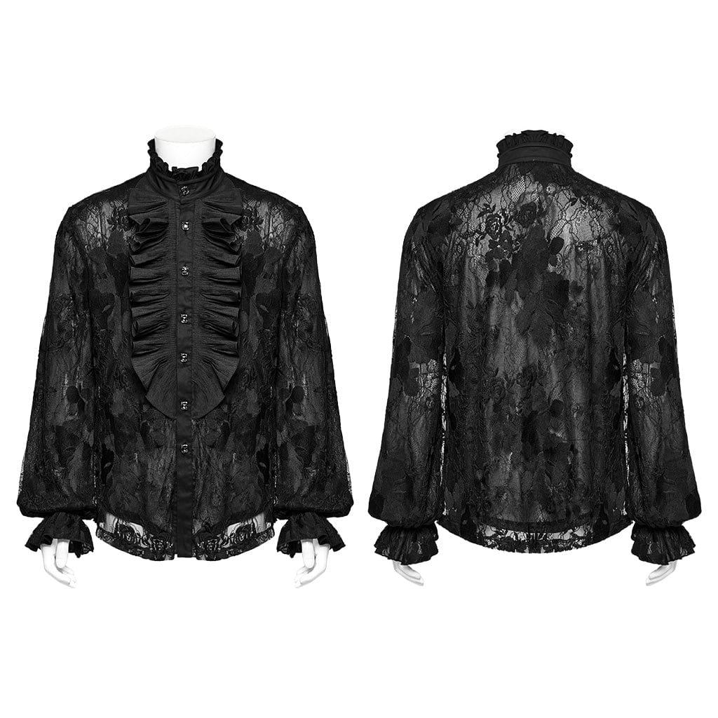 PUNK RAVE Men's Gothic Stand Collar Ruffled Lace Shirt