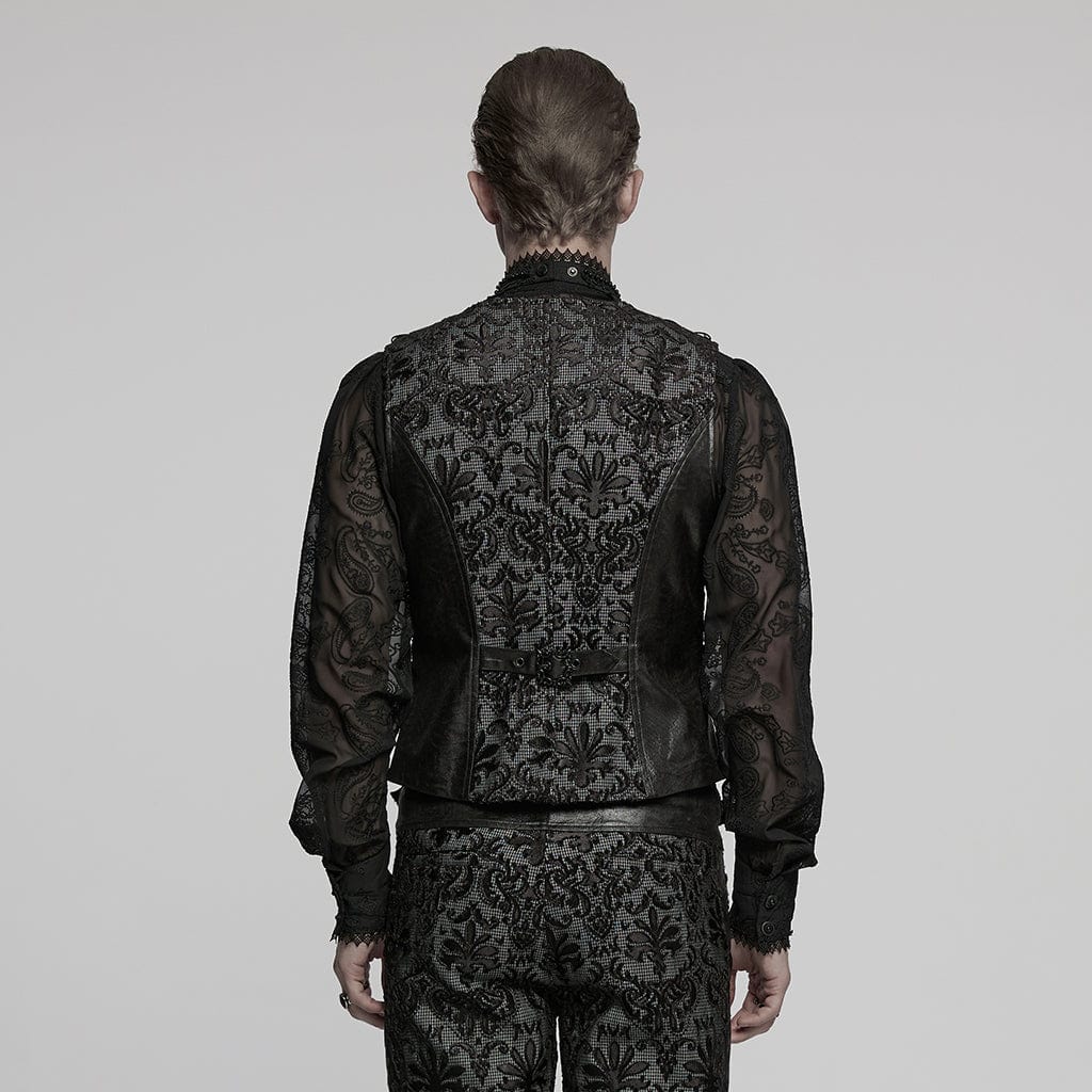 PUNK RAVE Men's Gothic Strappy Floral Embroidered Waistcoat