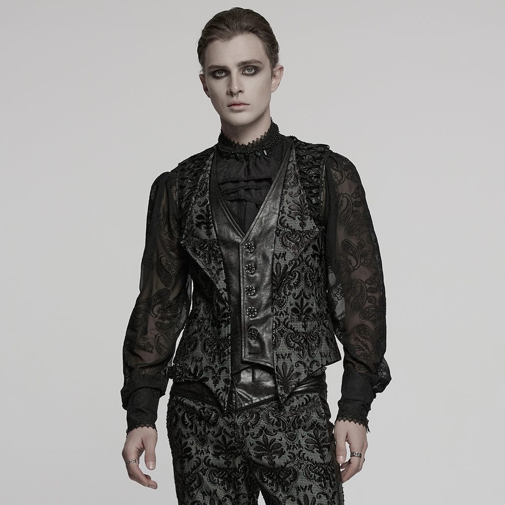 PUNK RAVE Men's Gothic Strappy Floral Embroidered Waistcoat