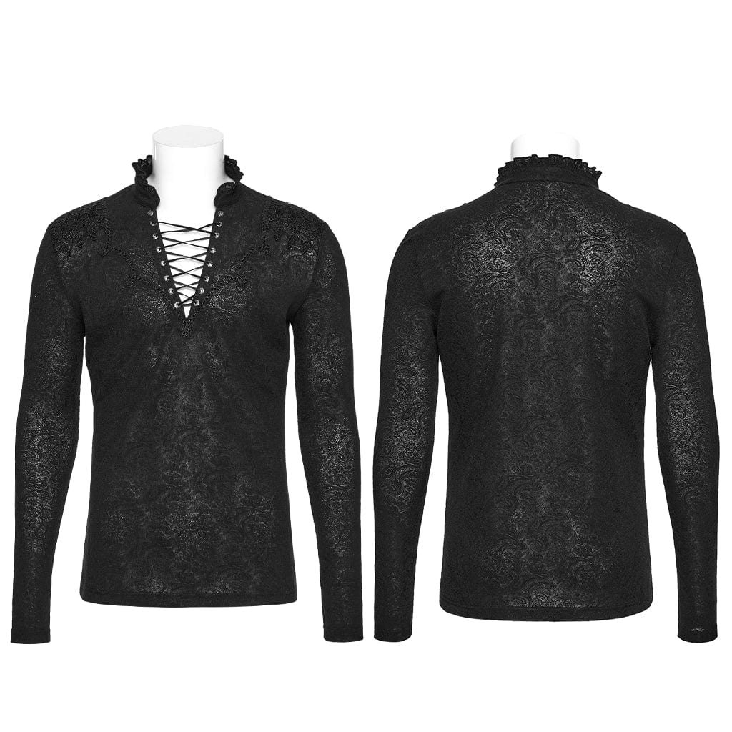 PUNK RAVE Men's Gothic Strappy Plunging Jacquard Shirt