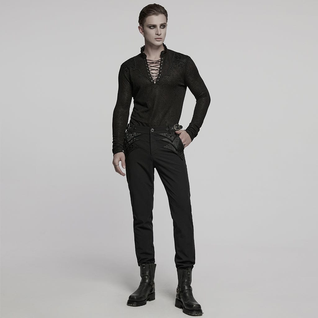 PUNK RAVE Men's Gothic Strappy Plunging Jacquard Shirt