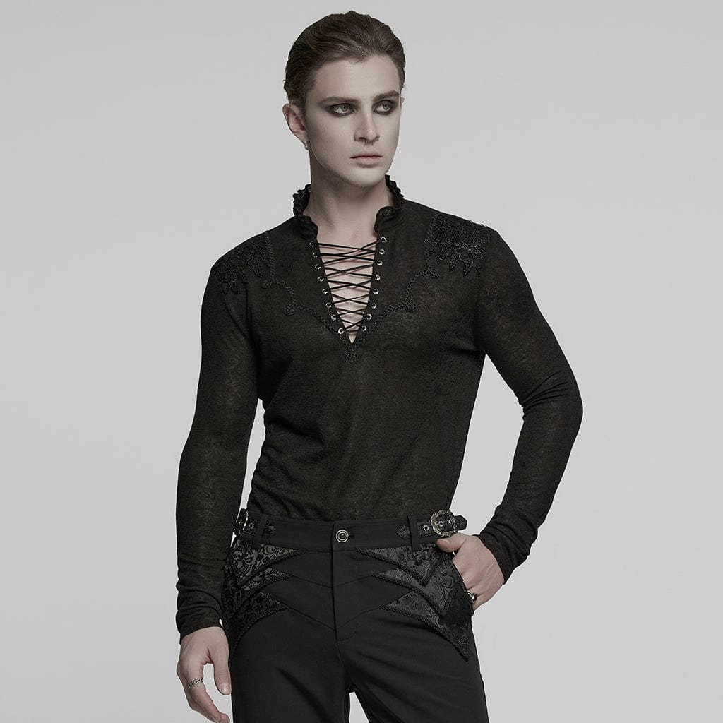 PUNK RAVE Men's Gothic Strappy Plunging Jacquard Shirt