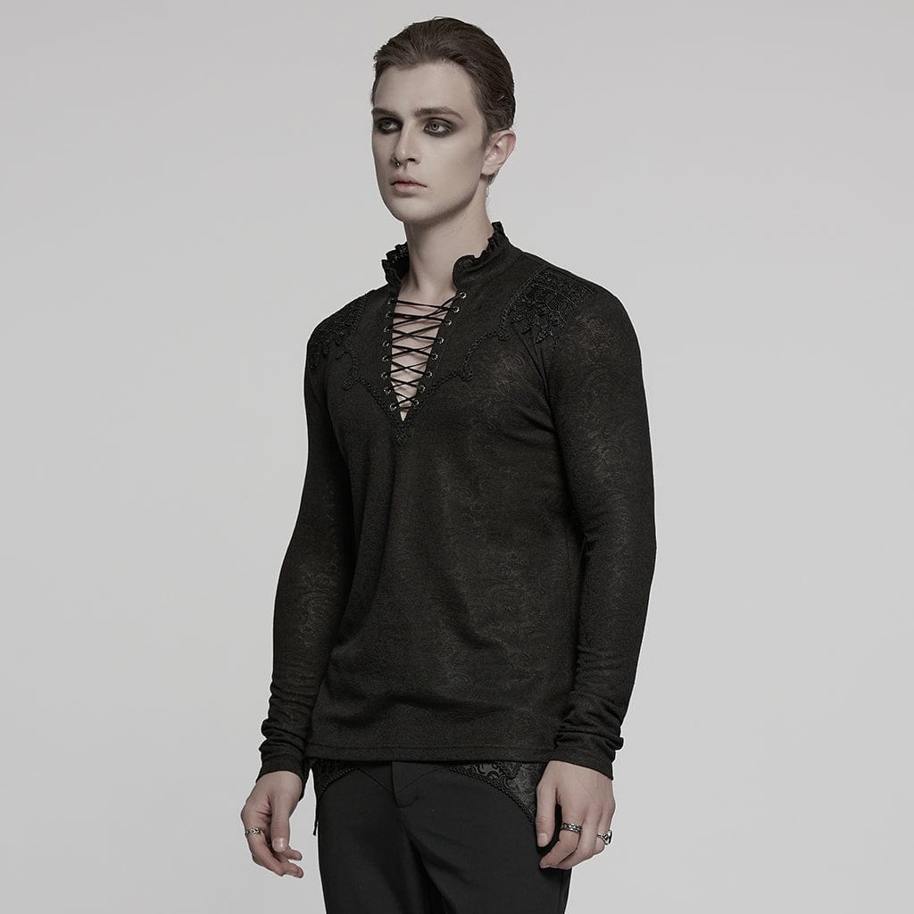 PUNK RAVE Men's Gothic Strappy Plunging Jacquard Shirt