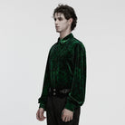 PUNK RAVE Men's Gothic Turn-down Collar Puff Sleeved Velvet Shirt Black-Green