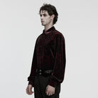 PUNK RAVE Men's Gothic Turn-down Collar Puff Sleeved Velvet Shirt Black-Red