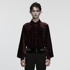 PUNK RAVE Men's Gothic Turn-down Collar Puff Sleeved Velvet Shirt Black-Red