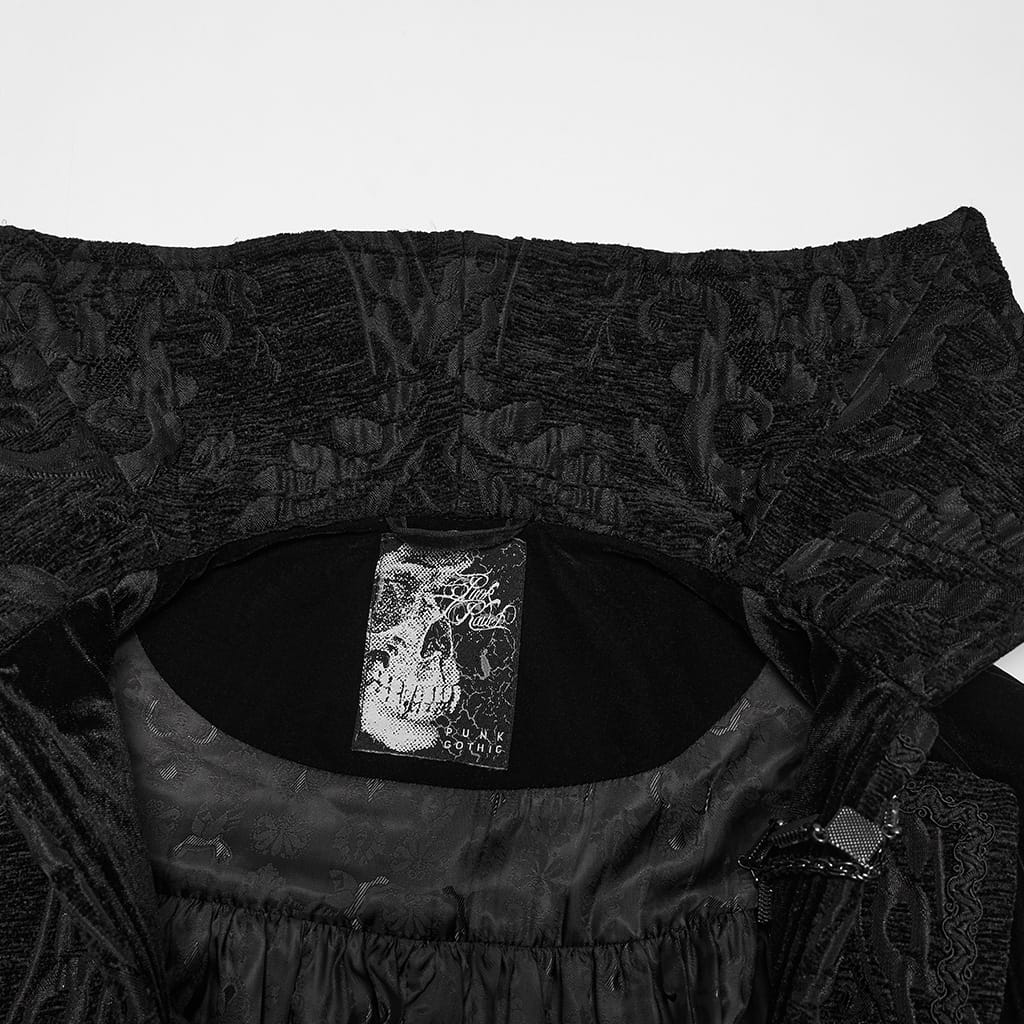 PUNK RAVE Men's Gothic Velvet Chain Stand Collar Long Cloak Black