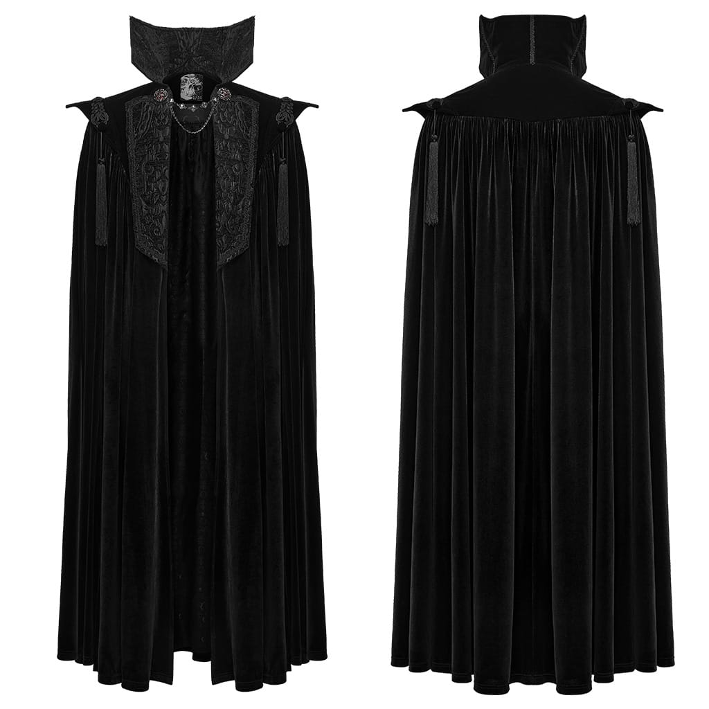 PUNK RAVE Men's Gothic Velvet Chain Stand Collar Long Cloak Black