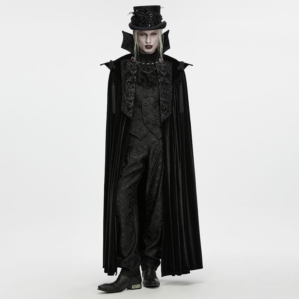 PUNK RAVE Men's Gothic Velvet Chain Stand Collar Long Cloak Black