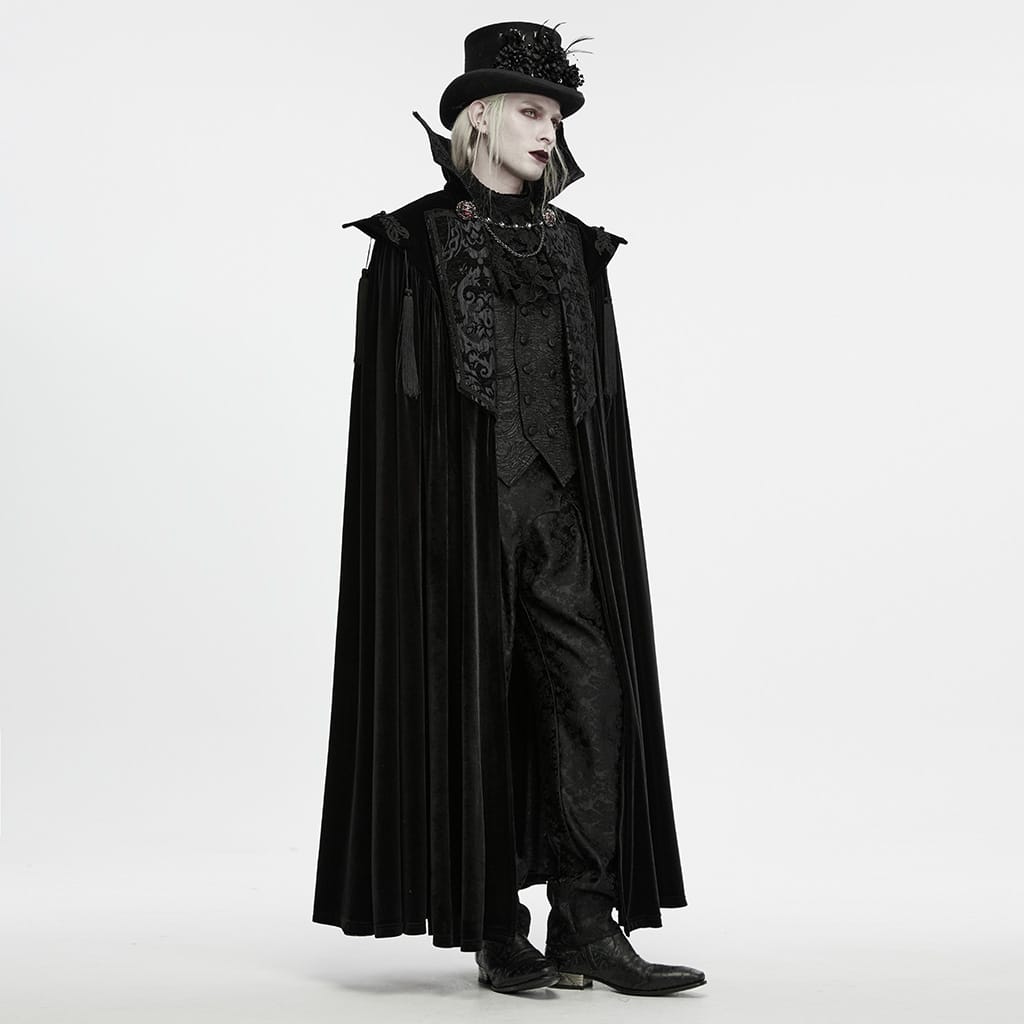 PUNK RAVE Men's Gothic Velvet Chain Stand Collar Long Cloak Black