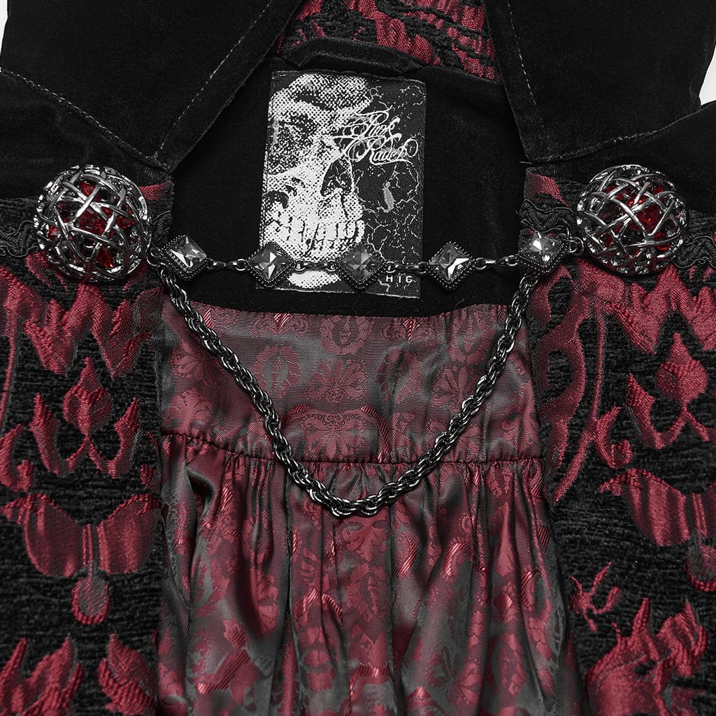 PUNK RAVE Men's Gothic Velvet Chain Stand Collar Long Cloak Black-Red