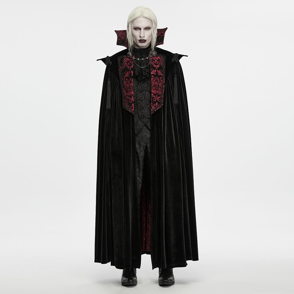 PUNK RAVE Men's Gothic Velvet Chain Stand Collar Long Cloak Black-Red