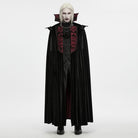 PUNK RAVE Men's Gothic Velvet Chain Stand Collar Long Cloak Black-Red