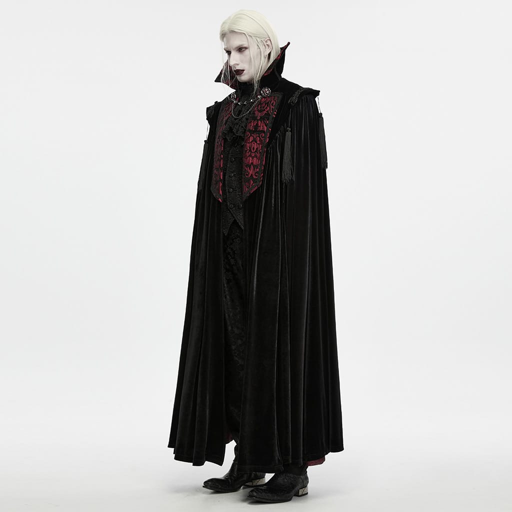 PUNK RAVE Men's Gothic Velvet Chain Stand Collar Long Cloak Black-Red