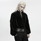 PUNK RAVE Men's Gothic Velvet Lace-up Stand Collar Lantern Sleeve Top