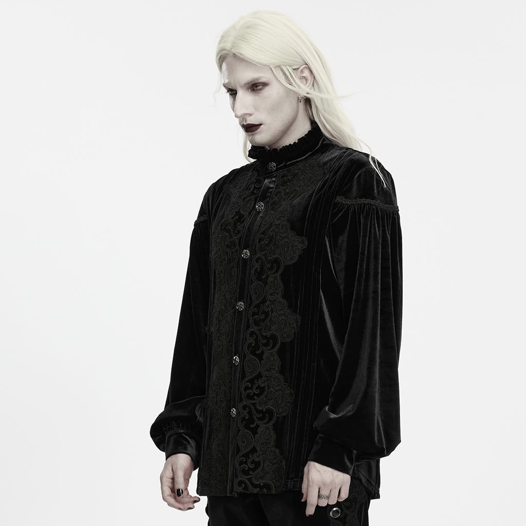 PUNK RAVE Men's Gothic Velvet Ruffled Mock Neck Lantern Sleeve Shirt Black