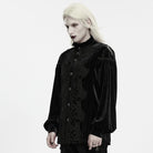 PUNK RAVE Men's Gothic Velvet Ruffled Mock Neck Lantern Sleeve Shirt Black