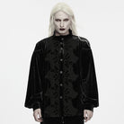 PUNK RAVE Men's Gothic Velvet Ruffled Mock Neck Lantern Sleeve Shirt Black
