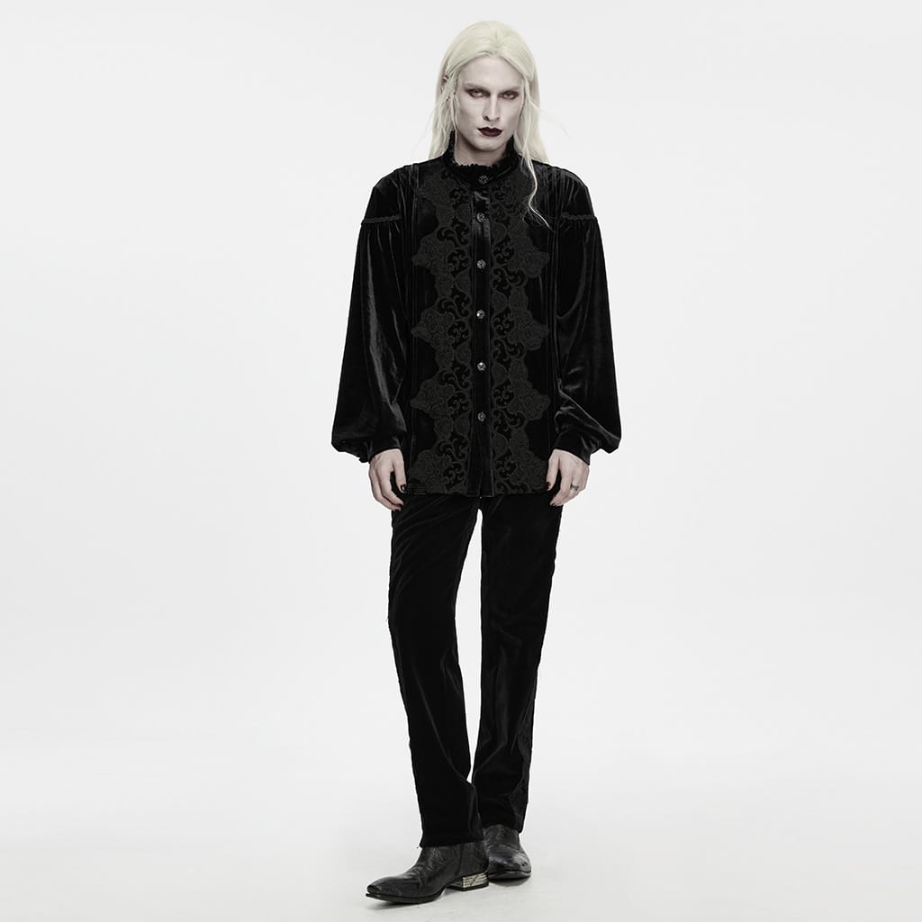 PUNK RAVE Men's Gothic Velvet Ruffled Mock Neck Lantern Sleeve Shirt Black