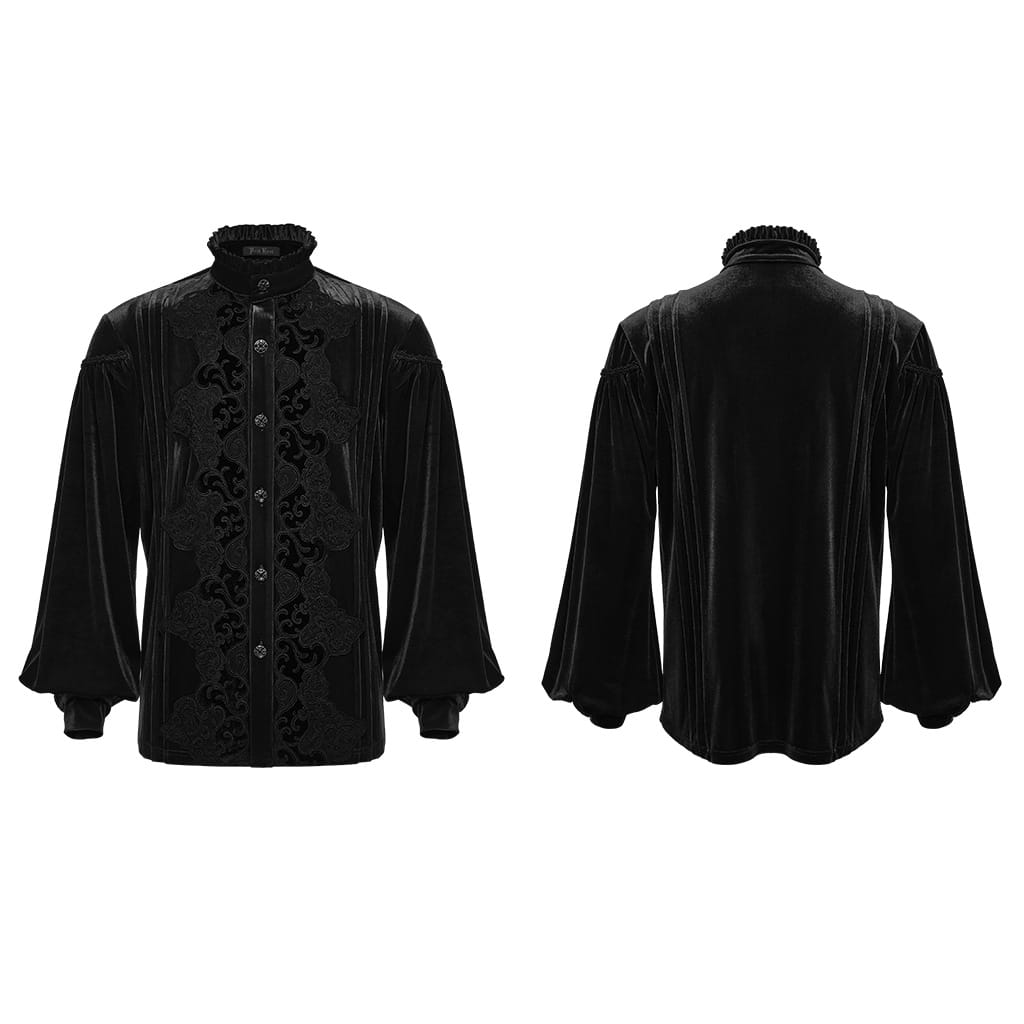 PUNK RAVE Men's Gothic Velvet Ruffled Mock Neck Lantern Sleeve Shirt Black