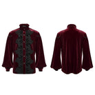 PUNK RAVE Men's Gothic Velvet Ruffled Mock Neck Lantern Sleeve Shirt Red